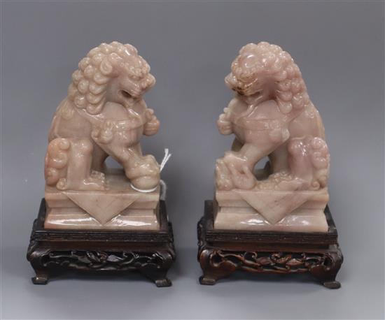 A pair of Chinese hardstone Buddhist lions, wood stands height 13cm